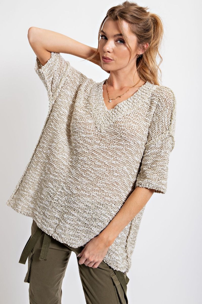 Easel Plus Perfect Textured V Neck Relaxed Fit Short Sleeves Sweater - Roulhac Fashion Boutique