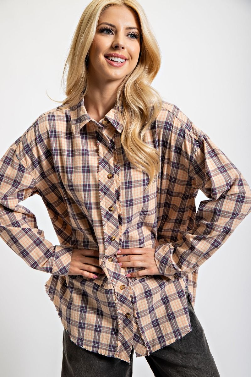 Easel Plaid Button Down Curved Bottom Hem Loose Fit Relaxed Shirt - Roulhac Fashion Boutique