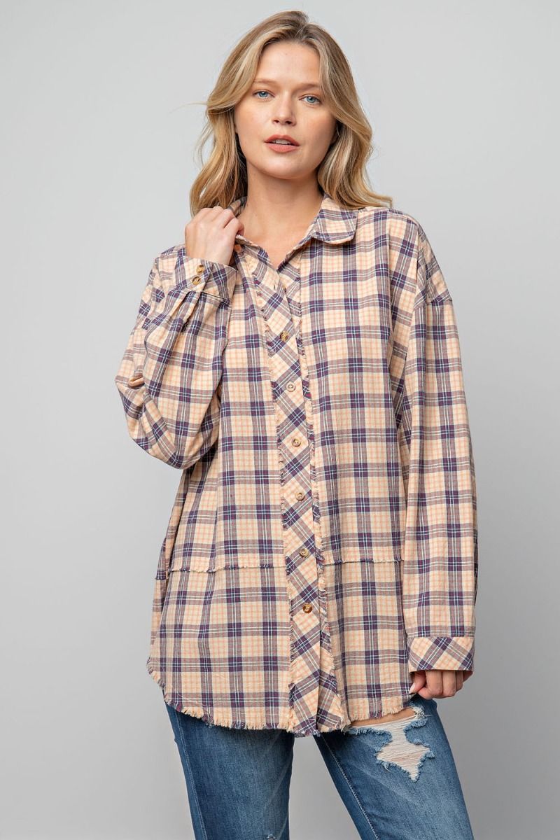 Easel Plaid Button Down Curved Bottom Hem Loose Fit Relaxed Shirt - Roulhac Fashion Boutique
