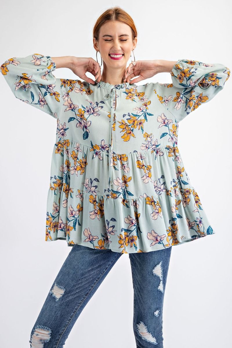 Easel Floral Printed Rayon Crepon Babydoll Ruffled Bottom Top