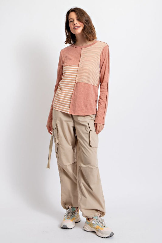 Easel Stripe Mix Cotton Slub Knit Long Sleeve Patchwork Round Neck Top - Roulhac Fashion Boutique