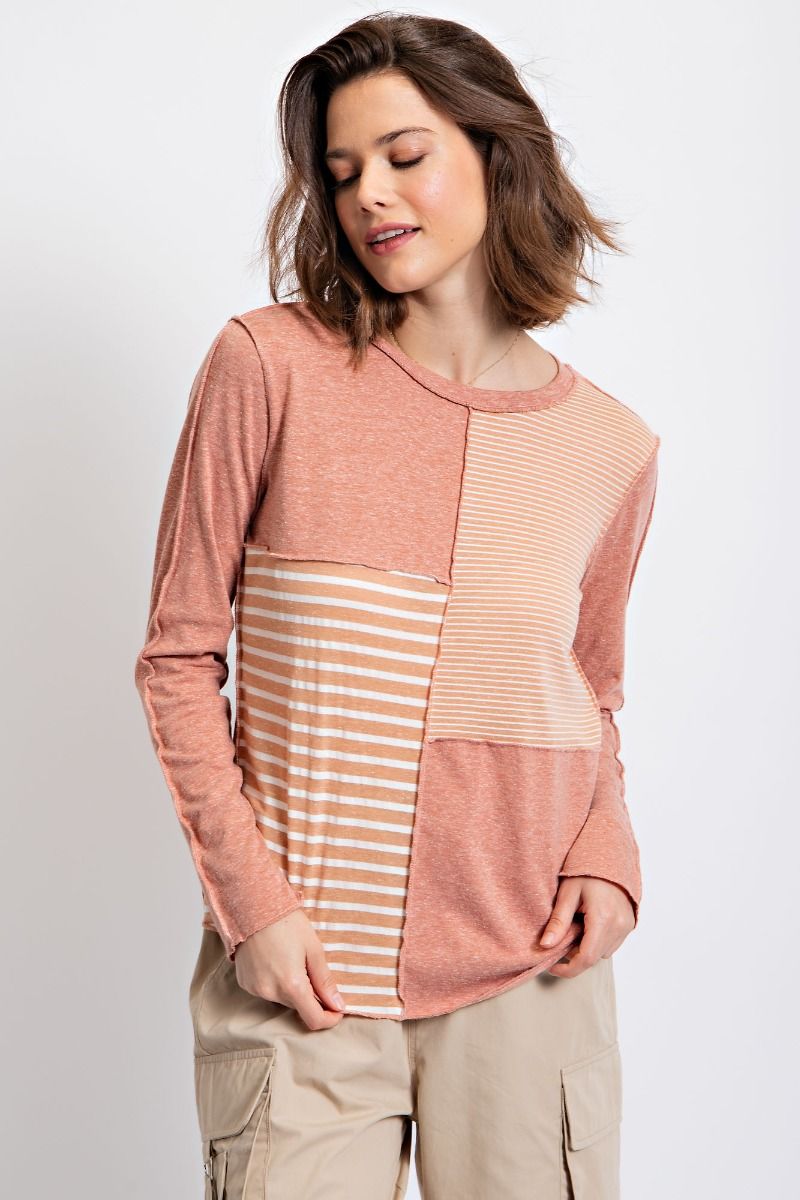 Easel Stripe Mix Cotton Slub Knit Long Sleeve Patchwork Round Neck Top - Roulhac Fashion Boutique