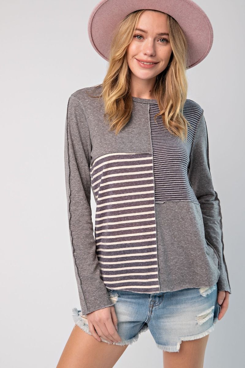 Easel Stripe Mix Cotton Slub Knit Long Sleeve Patchwork Round Neck Top - Roulhac Fashion Boutique