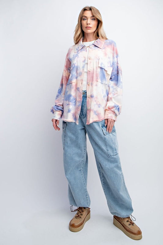 Easel Tie Dye Button Down Rounded Hem Front Raw Edge Shirt Jacket - Roulhac Fashion Boutique