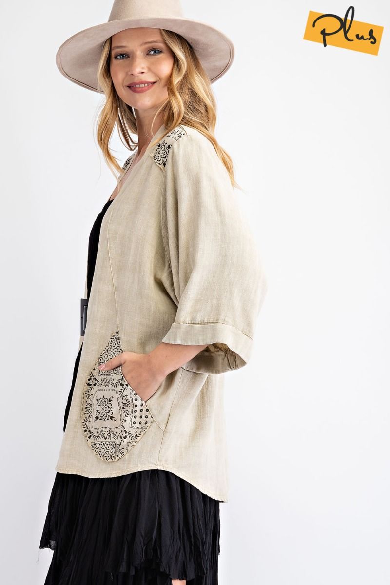 Easel Plus Mineral Washed Linen Contrast Paisley Print Open Front Cardigan - Roulhac Fashion Boutique