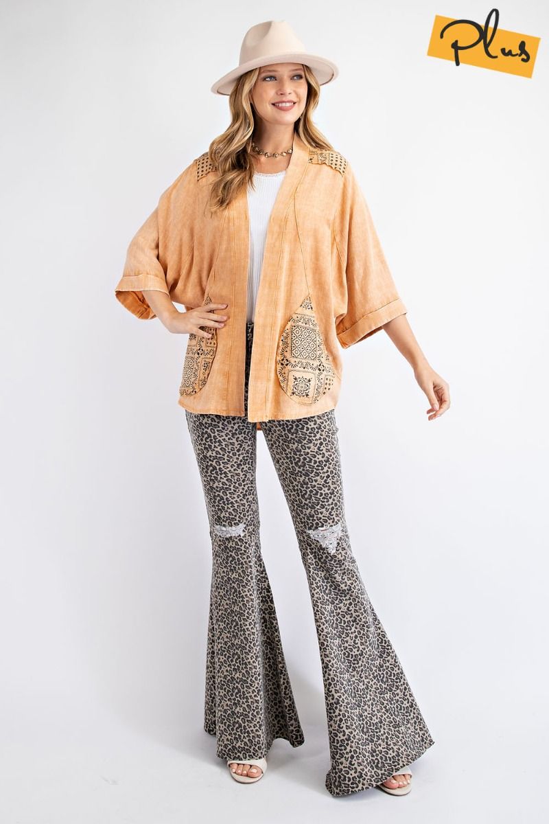 Easel Plus Mineral Washed Linen Contrast Paisley Print Open Front Cardigan - Roulhac Fashion Boutique