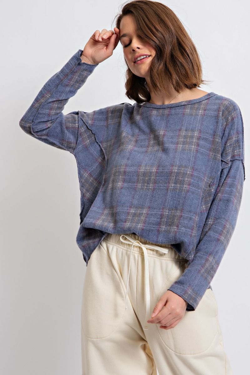 Easel Plaid Brushed Hacci Knit Loose Fit Exposed Seam Pullover Top - Roulhac Fashion Boutique