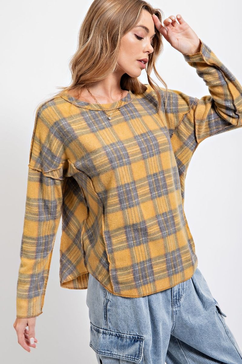 Easel Plaid Brushed Hacci Knit Loose Fit Exposed Seam Pullover Top - Roulhac Fashion Boutique
