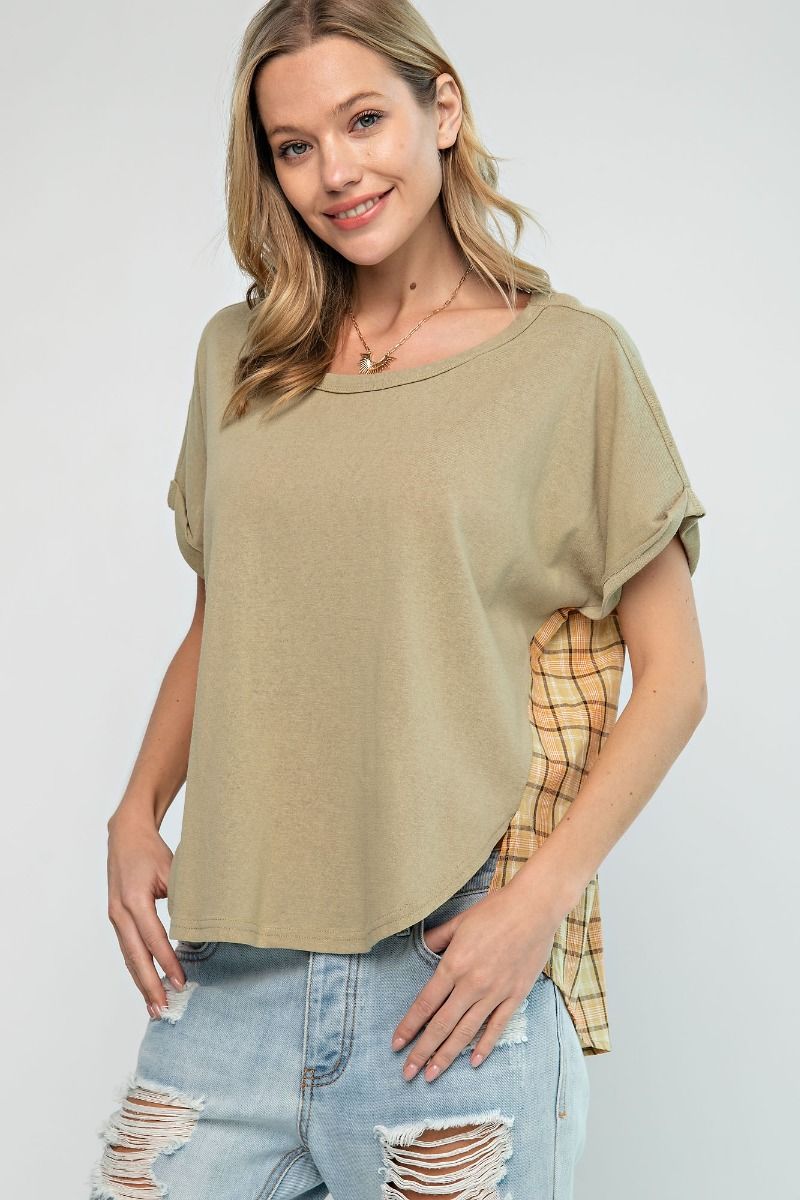 Easel Classic Rounded Neck Curved Hem Short Sleeve Boxy Loose Fit Top - Roulhac Fashion Boutique