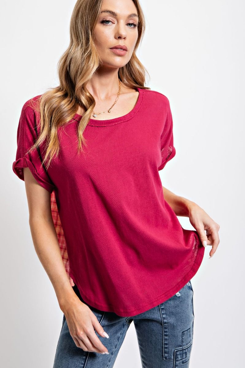 Easel Classic Rounded Neck Curved Hem Short Sleeve Boxy Loose Fit Top - Roulhac Fashion Boutique
