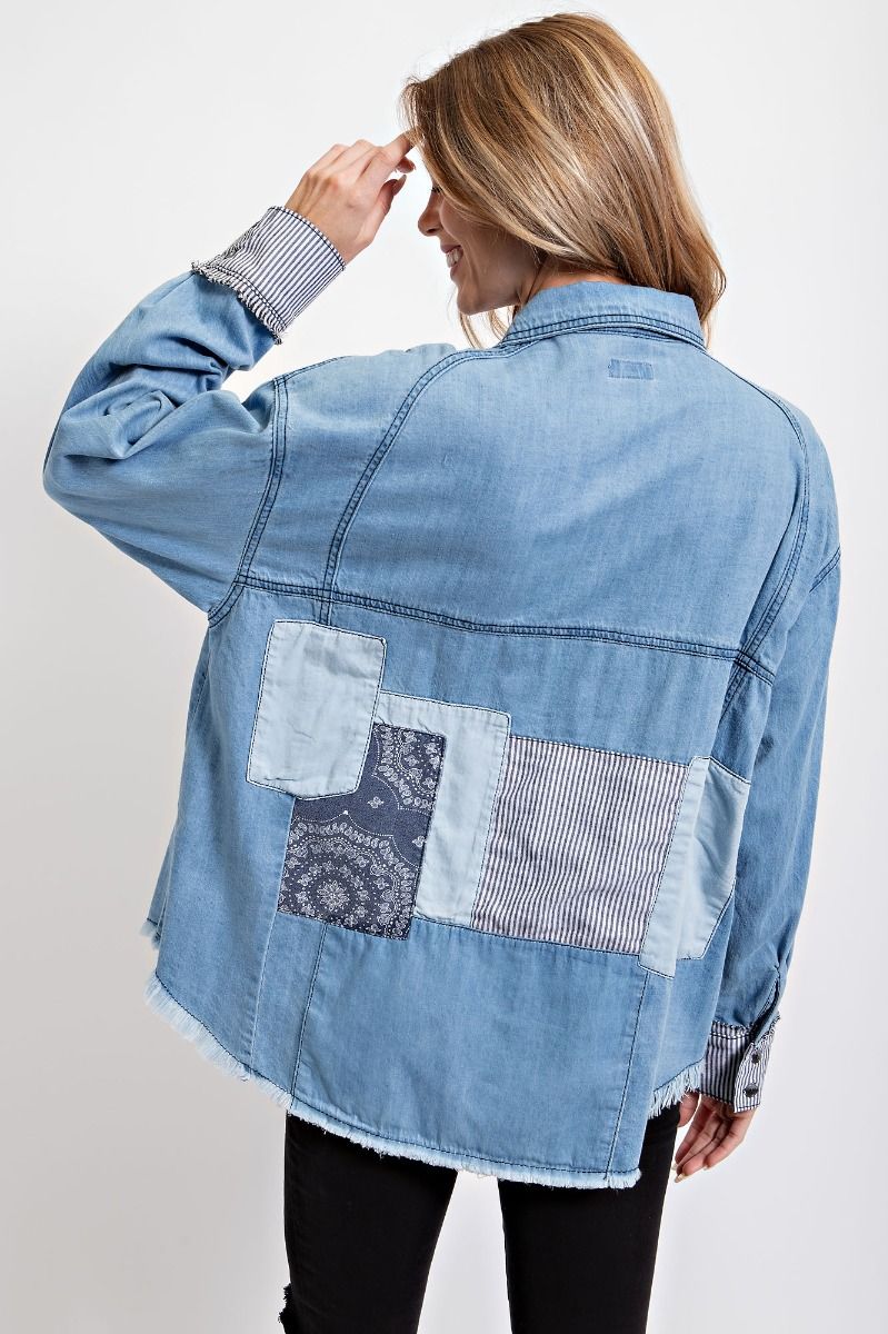 Easel Washed Denim Patchworks Pin Striped Loose Fit Frayed Edges Shirt - Roulhac Fashion Boutique