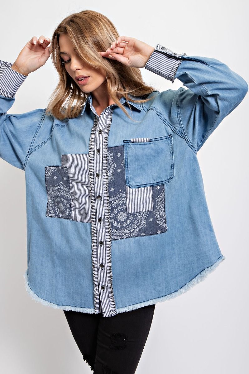 Easel Washed Denim Patchworks Pin Striped Loose Fit Frayed Edges Shirt - Roulhac Fashion Boutique