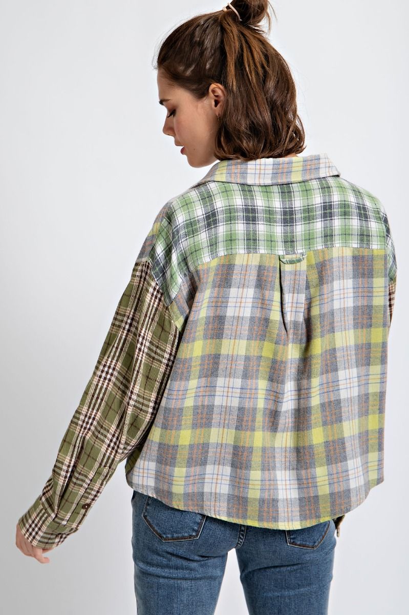 Easel Blue Plaid Mix N Match Gingham Printed Button Down Loose Fit Shirt - Roulhac Fashion Boutique