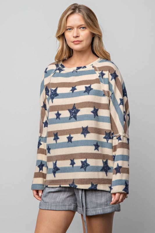 Easel Star Printed Multi Color Striped Loose Fit Brushed Knit Top - Roulhac Fashion Boutique