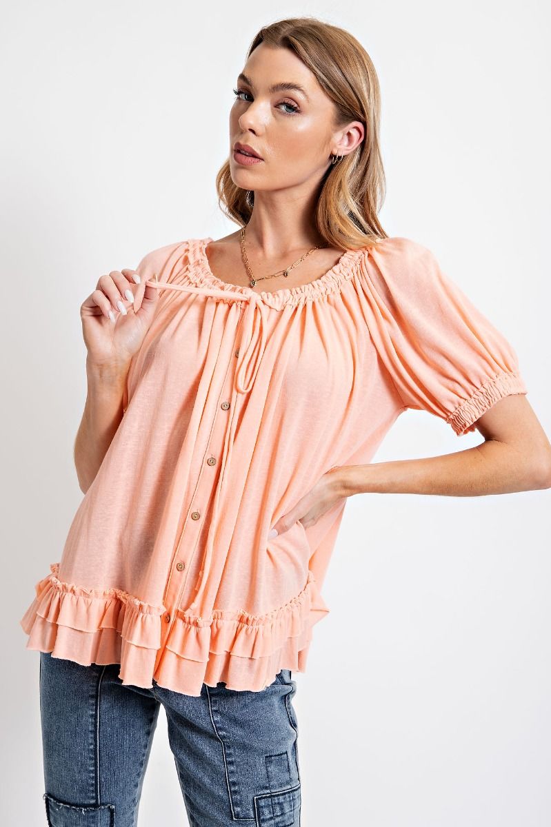 Easel Cotton Slub Button Down Boat Neck Drawstring Loose Fit Top - Roulhac Fashion Boutique