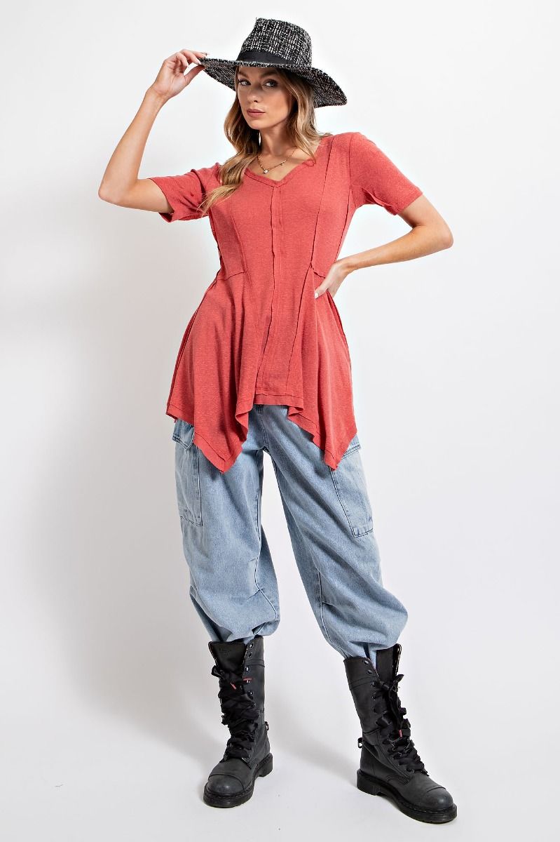 Easel Cotton Slub V Neck Slouchy Sharkbite Hem Pleated Tunic Top - Roulhac Fashion Boutique