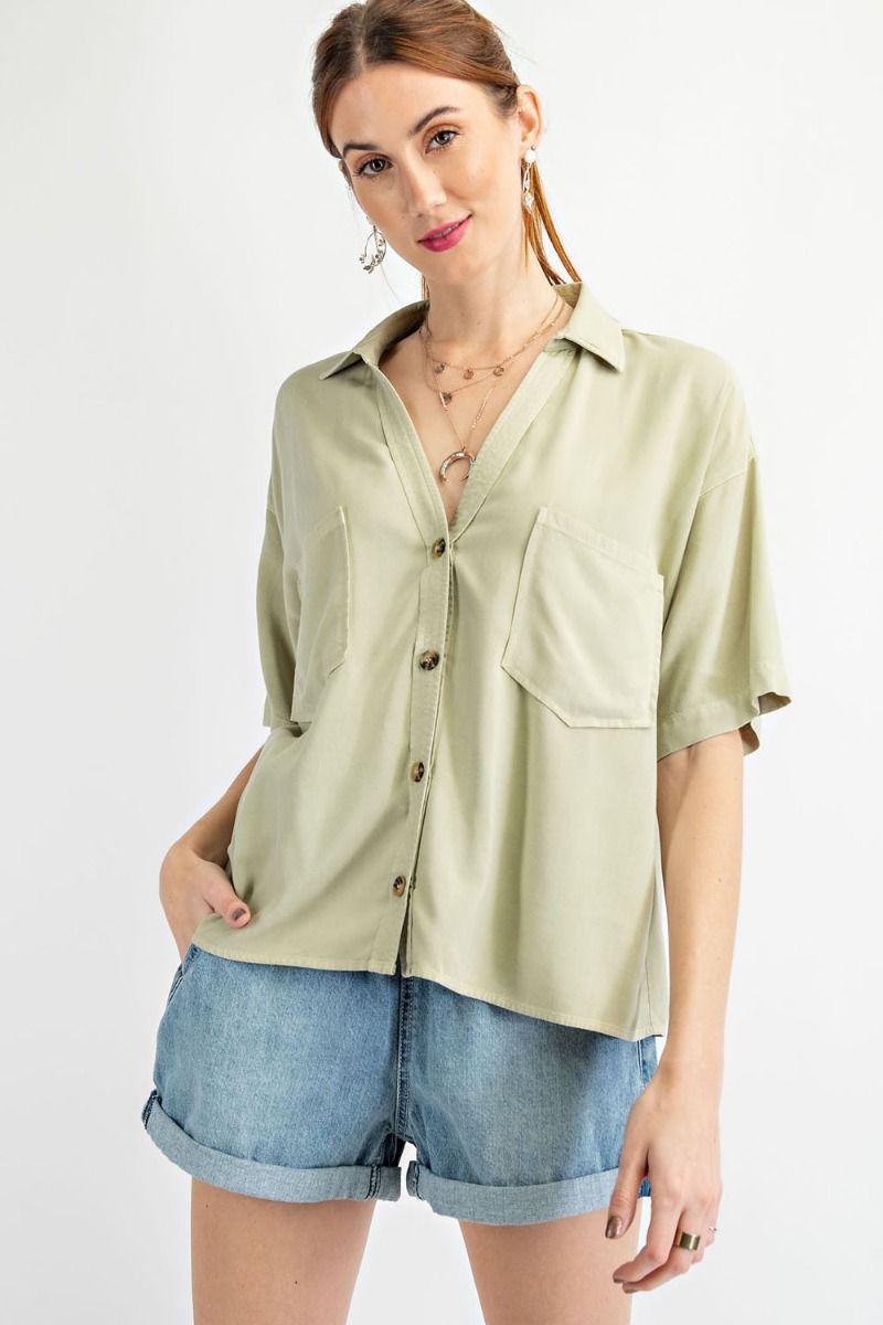 Easel Mineral Washed Rayon Challie Crop V Neck Loose Fit Shirt - Roulhac Fashion Boutique