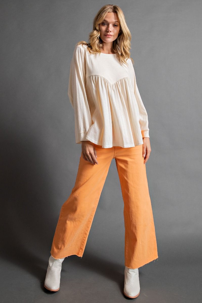 Easel Cotton Pleated Button Down Back Curved Bottom Hem Loose Fit Top - Roulhac Fashion Boutique
