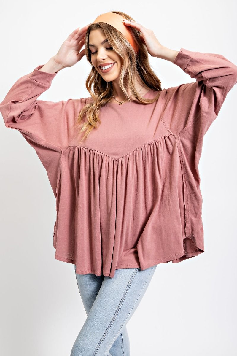 Easel Cotton Pleated Button Down Back Curved Bottom Hem Loose Fit Top - Roulhac Fashion Boutique