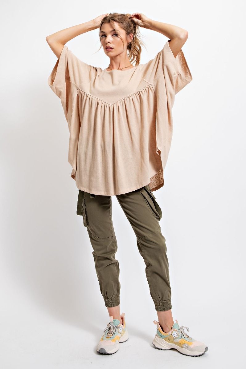 Easel Cotton Slub Loose Fit Round Neck Dolman Sleeves Babydoll Tunic - Roulhac Fashion Boutique