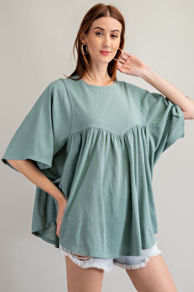 Easel Cotton Slub Loose Fit Round Neck Dolman Sleeves Babydoll Tunic - Roulhac Fashion Boutique