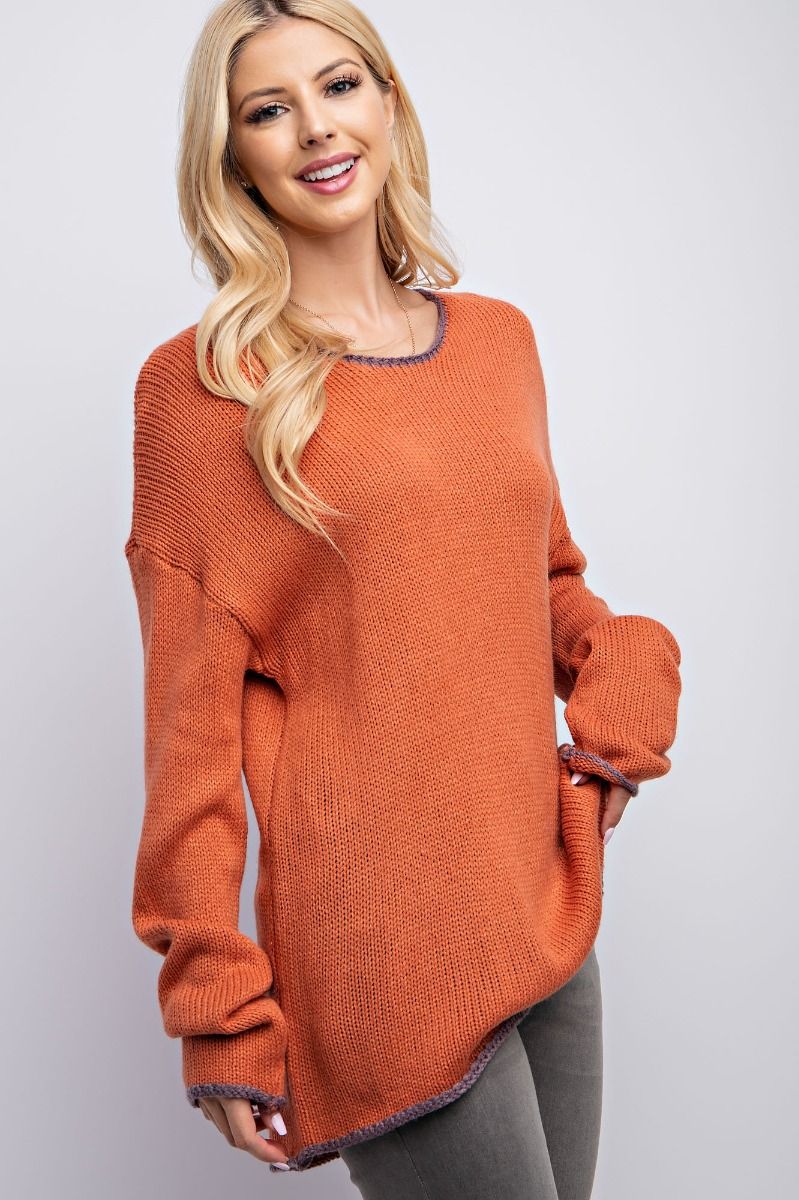 Easel Plus Pullover Loose Fit Rounded Neck Dropped Shoulders Sweater - Roulhac Fashion Boutique