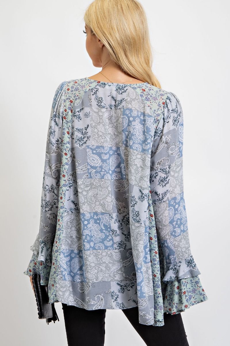 Easel Mixed Print Ruffled Bell Sleeves Longer Loose Fit Tunic Top - Roulhac Fashion Boutique