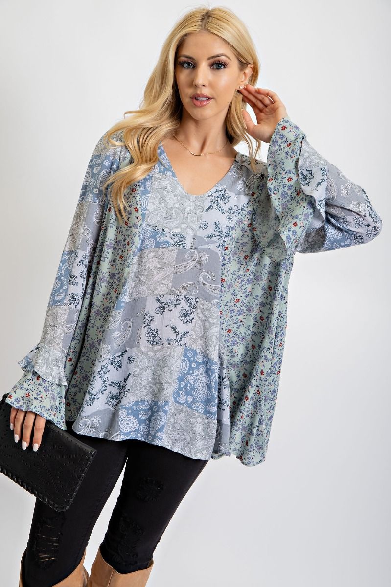 Easel Mixed Print Ruffled Bell Sleeves Longer Loose Fit Tunic Top - Roulhac Fashion Boutique