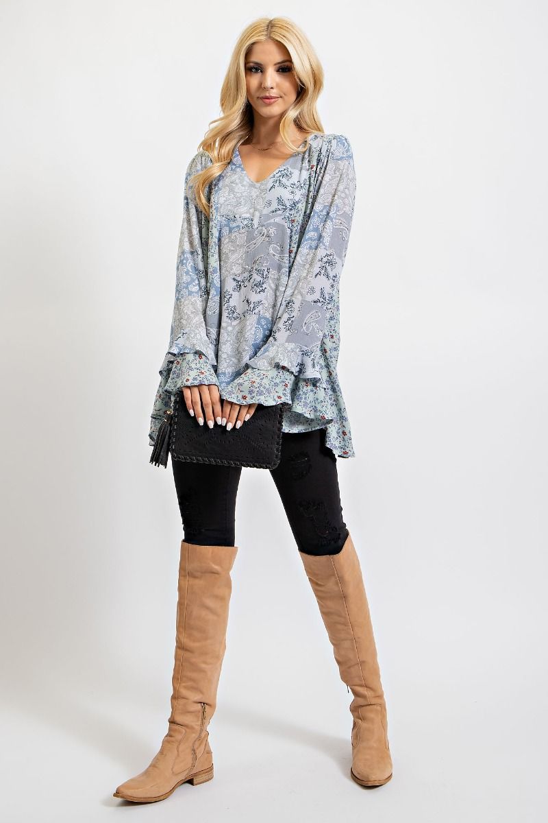 Easel Mixed Print Ruffled Bell Sleeves Longer Loose Fit Tunic Top - Roulhac Fashion Boutique