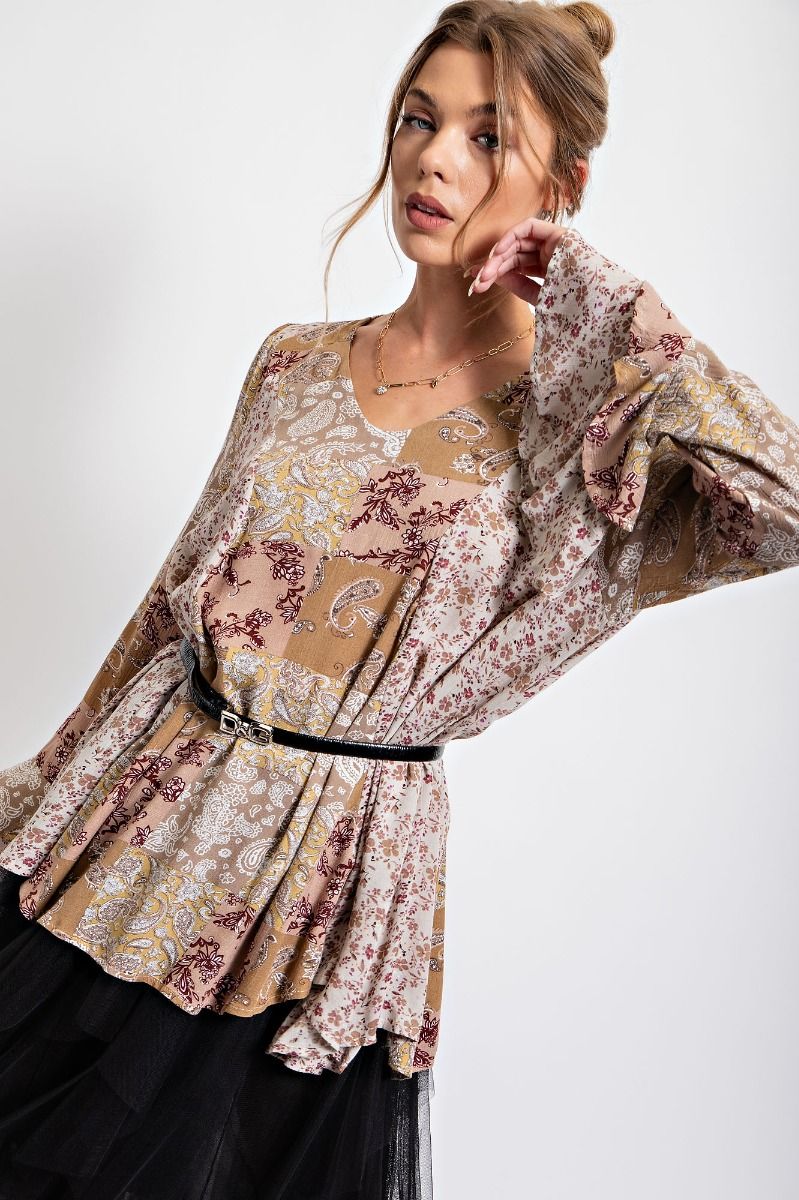 Easel Mixed Print Ruffled Bell Sleeves Longer Loose Fit Tunic Top - Roulhac Fashion Boutique