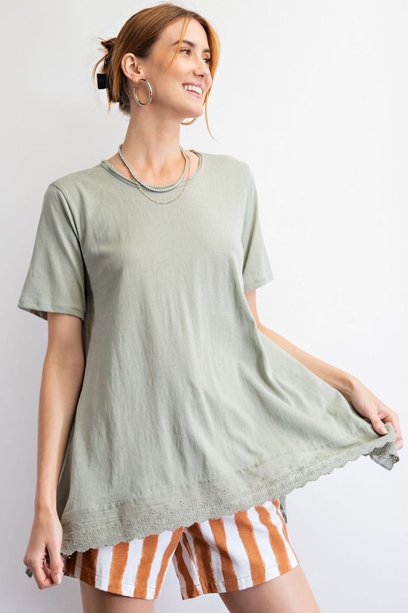 Easel Rounded Neck Loose Fit Cotton Eyelet Lace Longer Tunic Top