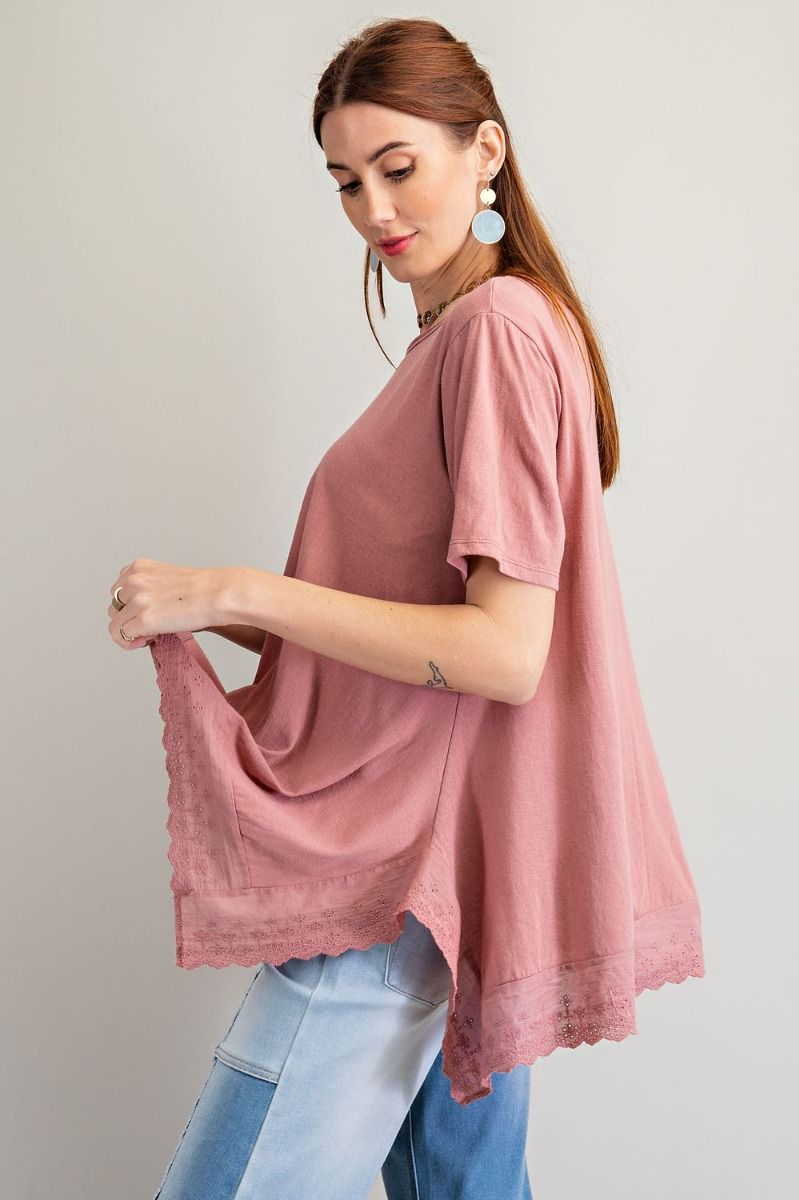 Easel Rounded Neck Loose Fit Cotton Eyelet Lace Longer Tunic Top - Roulhac Fashion Boutique