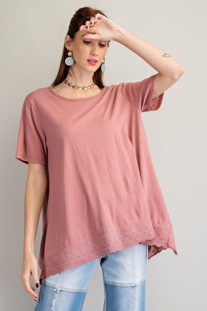 Easel Rounded Neck Loose Fit Cotton Eyelet Lace Longer Tunic Top - Roulhac Fashion Boutique
