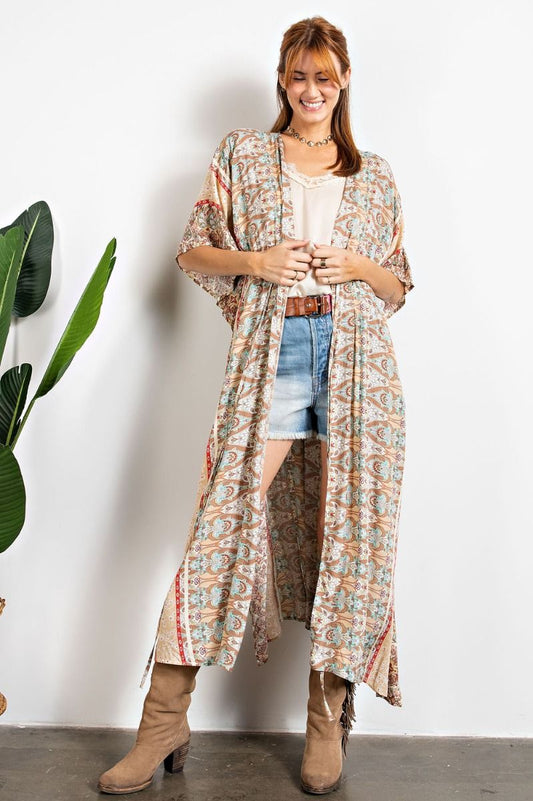 Easel Printed Tie Closure Front Rayon Side Deep Slits Maxi Duster - Roulhac Fashion Boutique