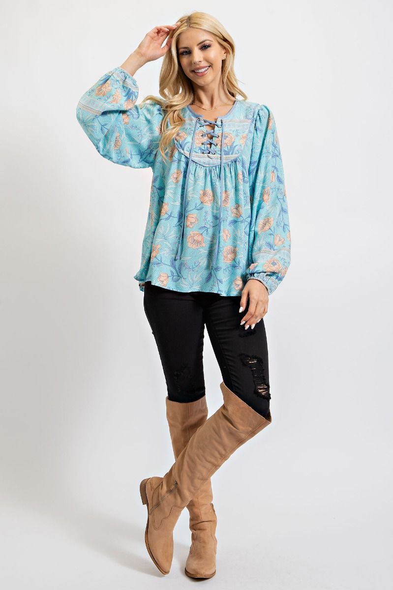 Easel Floral Print Lace Up Front Rounded Neck Bubble Sleeves Top - Roulhac Fashion Boutique