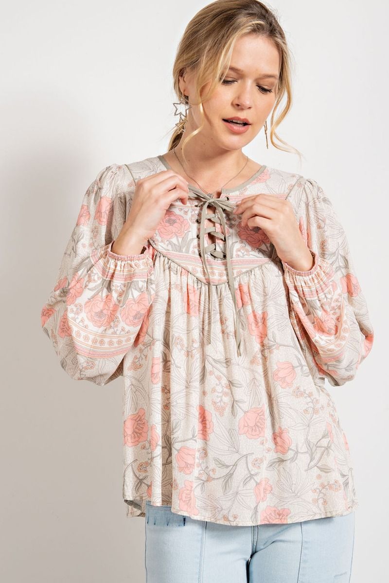 Easel Floral Print Lace Up Front Rounded Neck Bubble Sleeves Top - Roulhac Fashion Boutique
