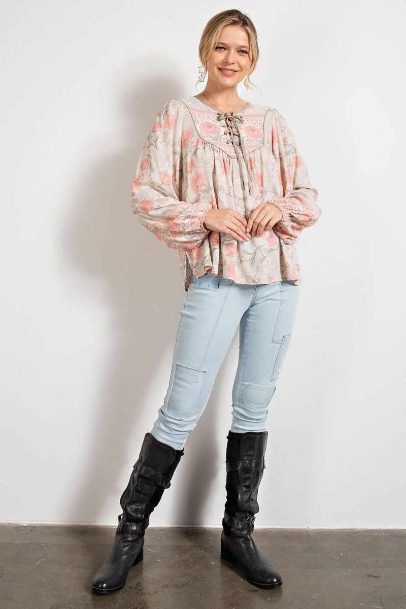 Easel Floral Print Lace Up Front Rounded Neck Bubble Sleeves Top - Roulhac Fashion Boutique