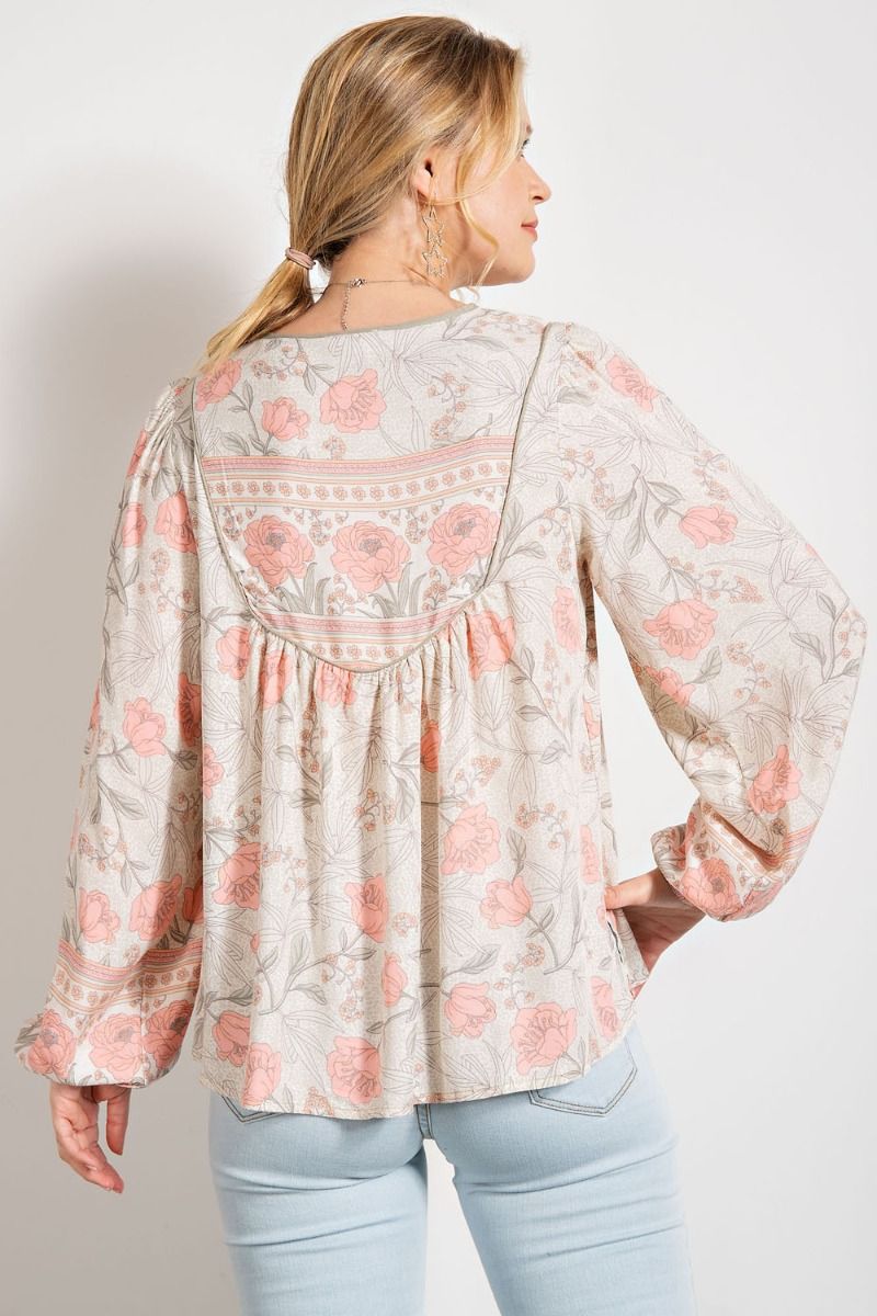 Easel Floral Print Lace Up Front Rounded Neck Bubble Sleeves Top - Roulhac Fashion Boutique