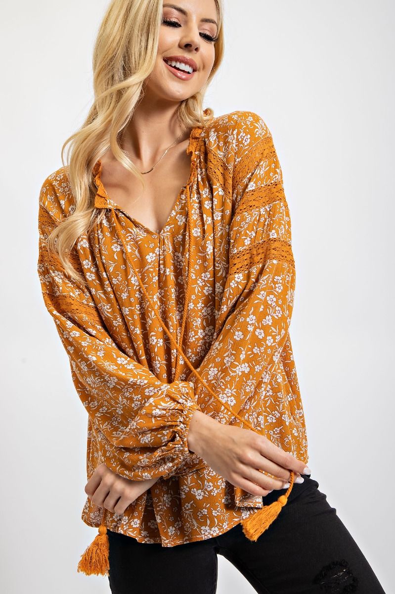 Easel Floral Printed Tie Neck Bubble Sleeves Loose Fit Blouse Top - Roulhac Fashion Boutique