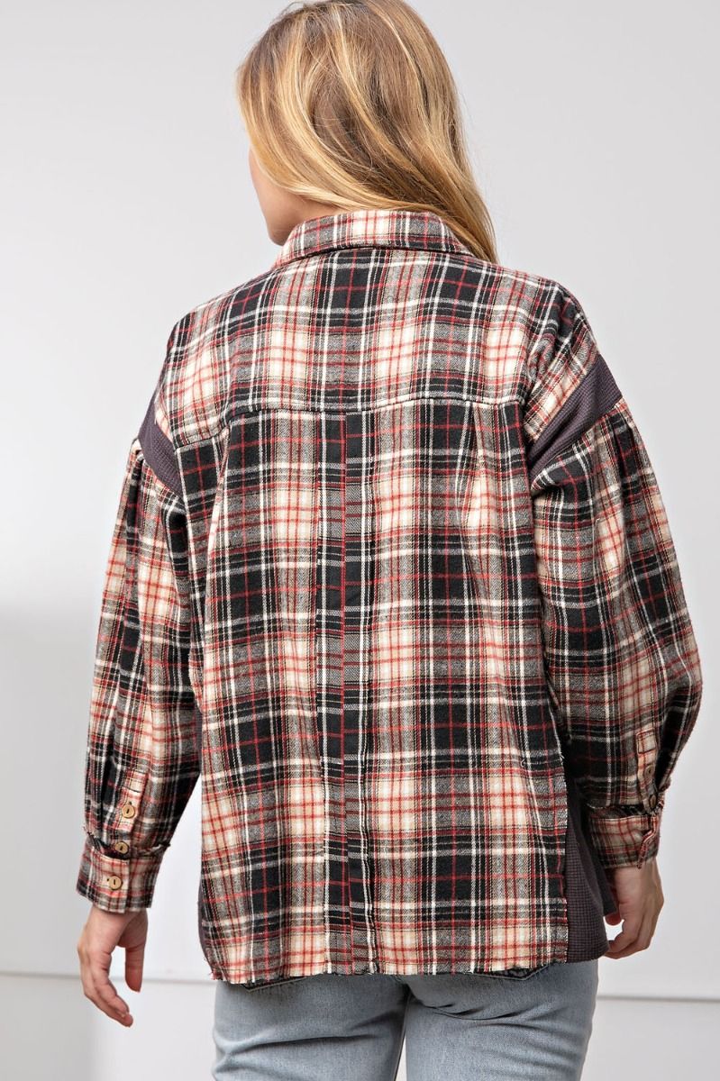 Easel Plaid Print Collared Neck Button Down Front Loose Fit Shirt - Roulhac Fashion Boutique