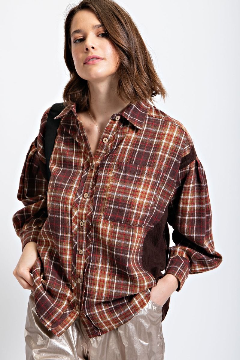 Easel Plaid Print Collared Neck Button Down Front Loose Fit Shirt - Roulhac Fashion Boutique