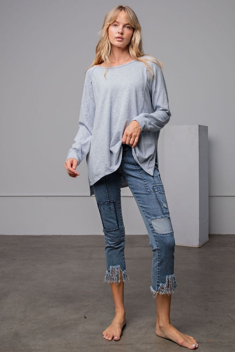 Easel Textured Knit Rounded Neck Side Slits Loose Fit Tunic Top - Roulhac Fashion Boutique