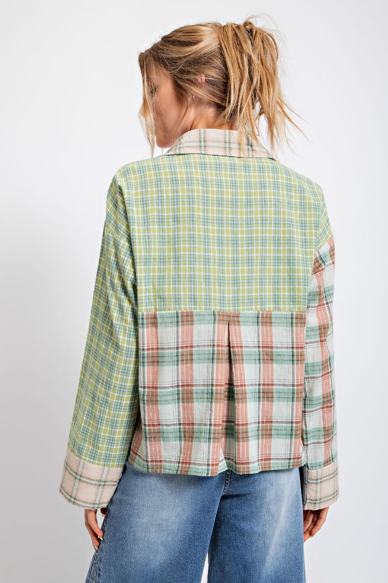 Easel Long Sleeve Plaid Boxy Loose Fit Patch Pocket Top