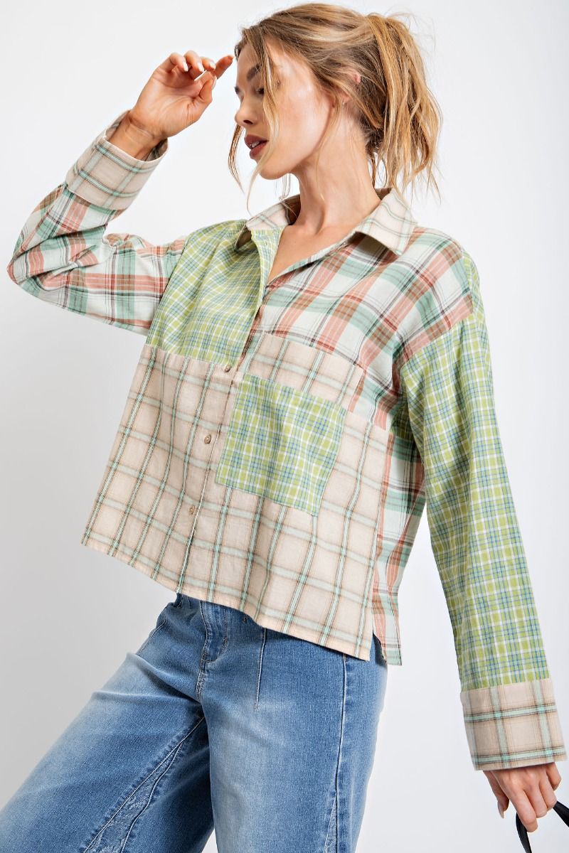 Easel Long Sleeve Plaid Boxy Loose Fit Patch Pocket Top