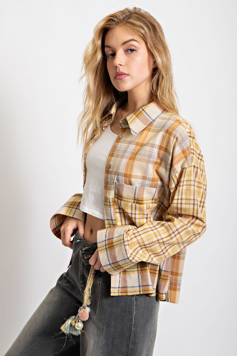 Easel Long Sleeve Plaid Boxy Loose Fit Patch Pocket Top - Roulhac Fashion Boutique