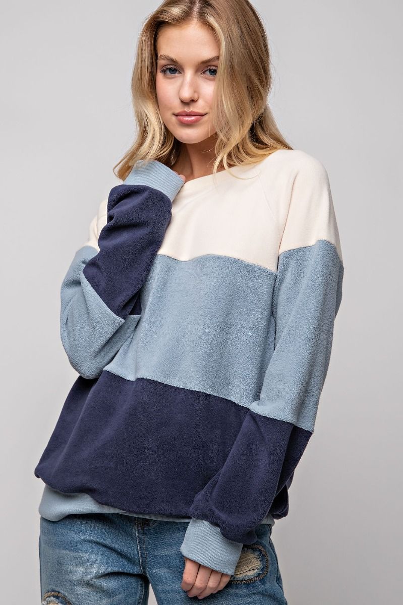Easel Ultra Soft Color Blocked Crew Neckline Loose Fit Fleece Pullover - Roulhac Fashion Boutique