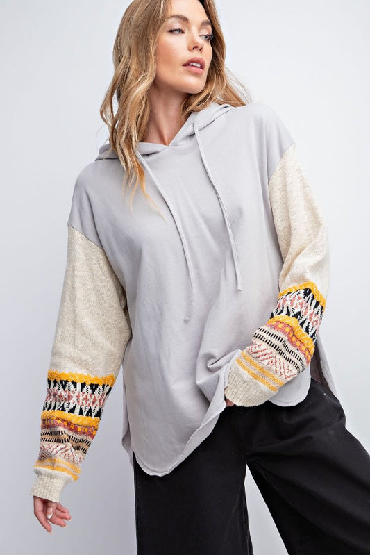 Easel Dropped Shoulders Boho Patterned Knit Loose Fit Pullover Hoodie - Roulhac Fashion Boutique