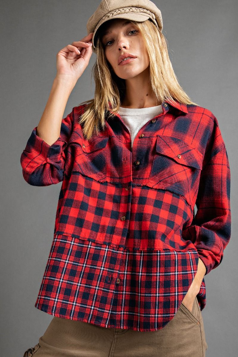 Easel Mixed Print Shirt Chest Flap Pockets Collared Neck Loose Fit Tunic - Roulhac Fashion Boutique