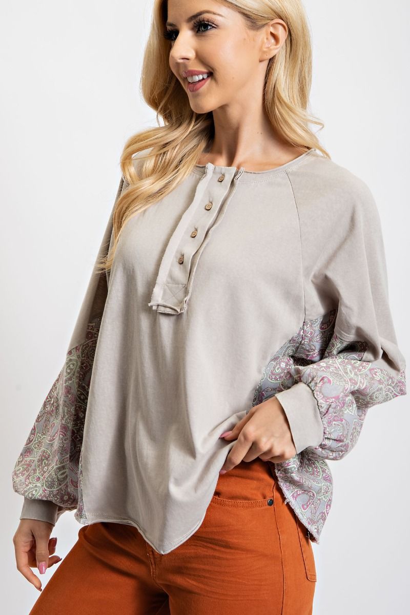 Easel Henley Printed Loose Fit Raw Edge Button Closures Top - Roulhac Fashion Boutique