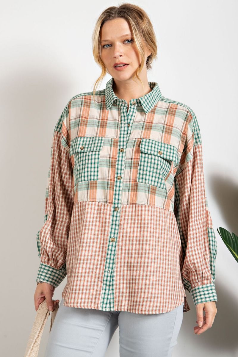 Easel Mix N Match Plaid Printed Loose Fit Button Down Tunic Shirt - Roulhac Fashion Boutique